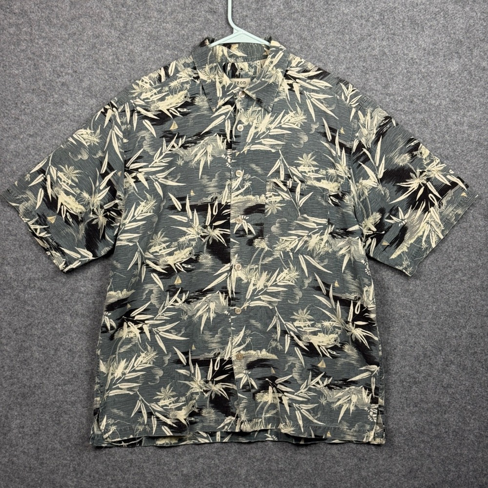 IZOD Mens Short Sleeve Button Up Shirt Tropical Leaf Print Size L